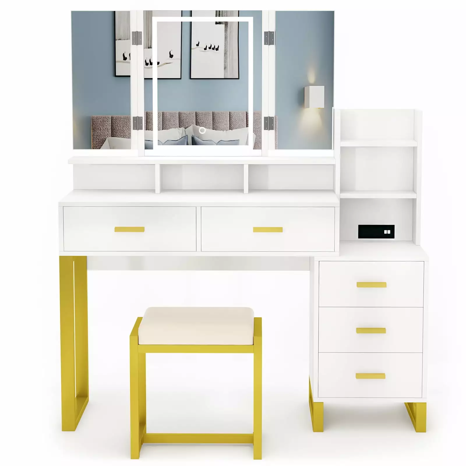 PAKASEPT Vanity Set Tri-fold Lighted Mirror Charging Station and 5 Drawers