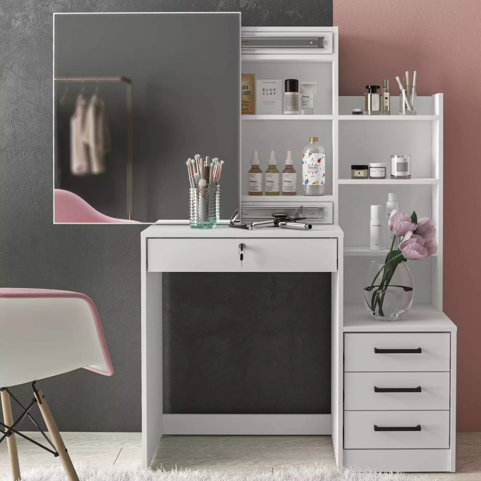 Polifurniture Hannah Modern Bedroom Vanity Table Mirror - White Finish - Makeup Dressing Desk
