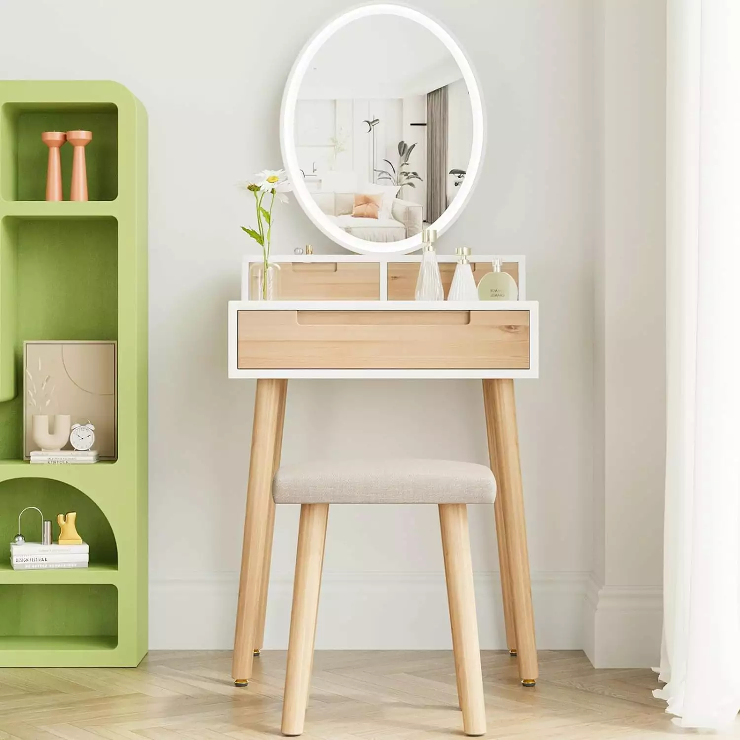 PULUOMIS Small Makeup Vanity Desk Adjustable Brightness Mirror Light Small Spaces Vanity Desk Drawers and Storage Shelves