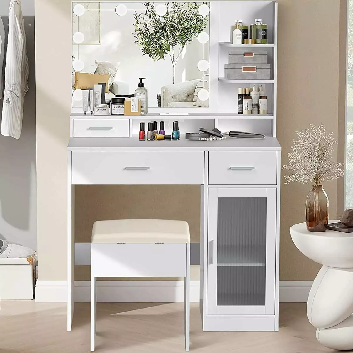 PULUOMIS White Makeup Vanity Mirror Lights 3 Drawers Table Stool