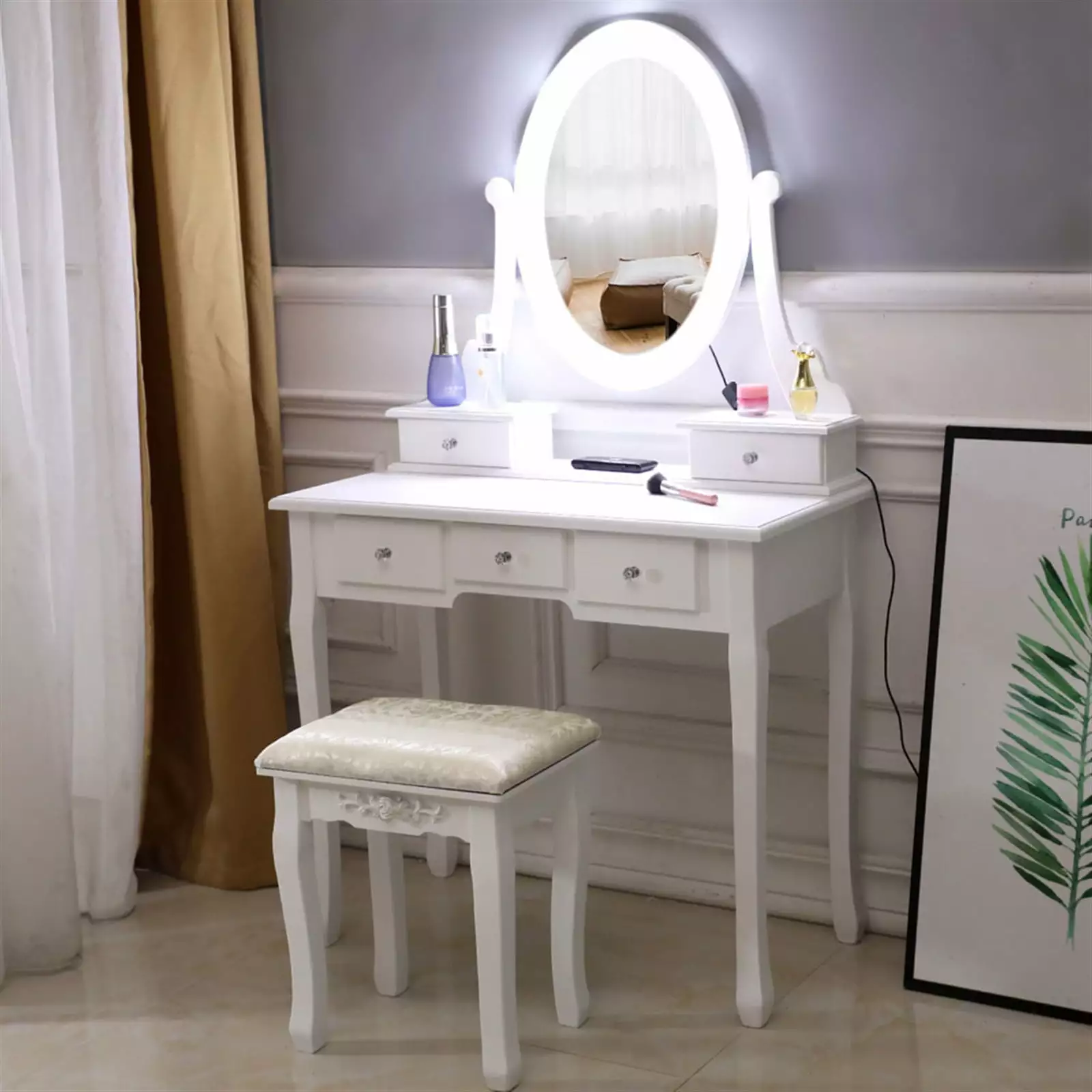 White Makeup Vanity Desk Lighted Mirror 3 Drawers and Soft Cushioned Stool Pynsseu