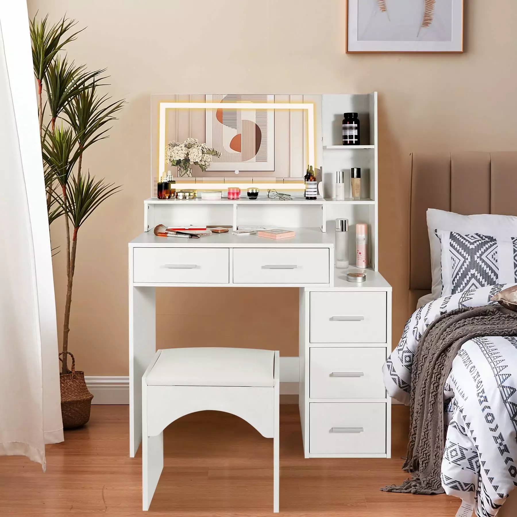 REDCAMP Makeup Vanity Set Mirror and Lights - White Vanity Desk 5 Drawers and Stool
