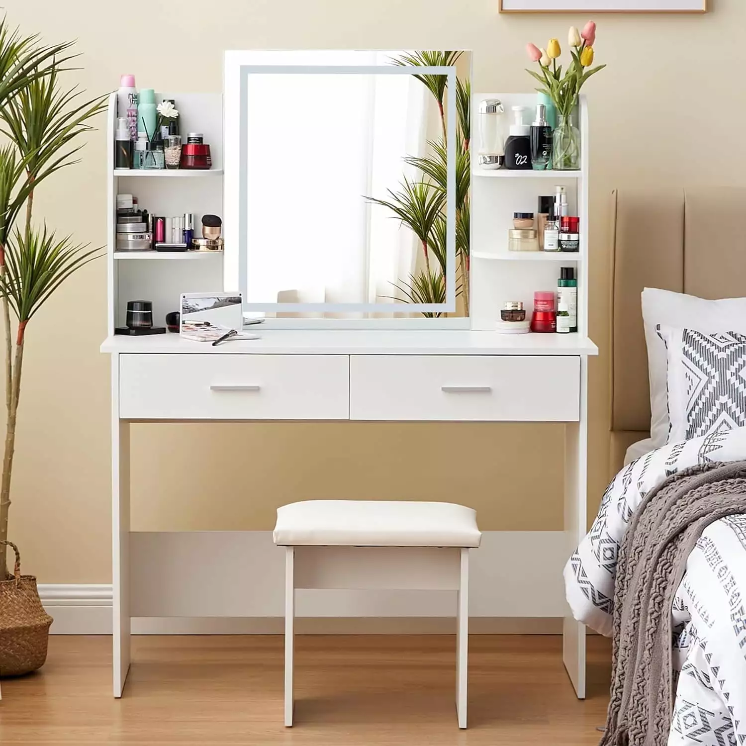 REDCAMP Vanity Set Lighted Mirror Makeup Desk Drawers and Padded Stool White
