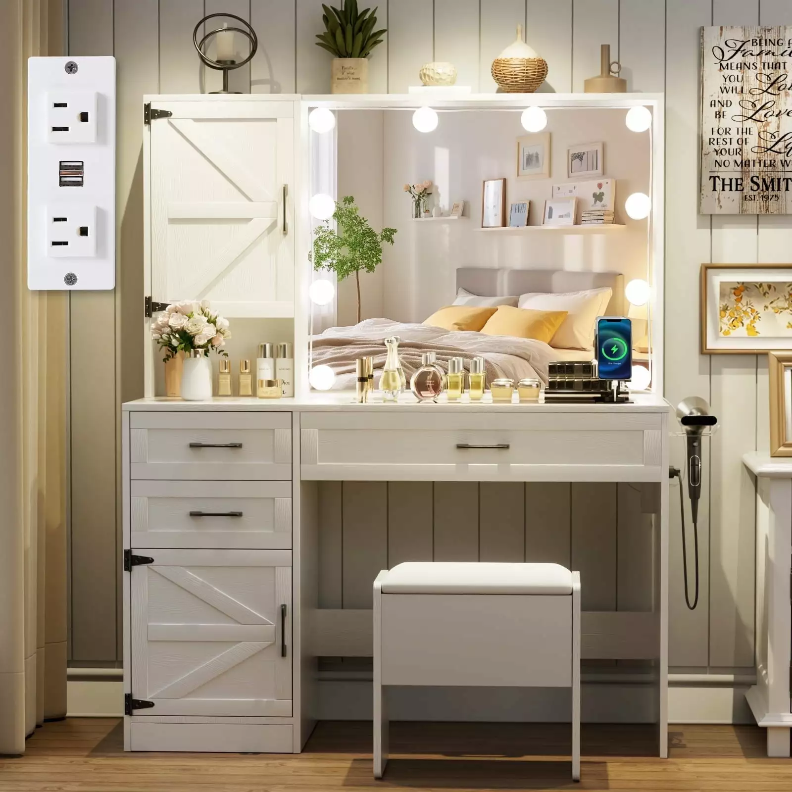 Richya Farmhoutilize Makeup Vanity Table Set Lighted Mirror Drawers Bedroom White RichYa Grow System