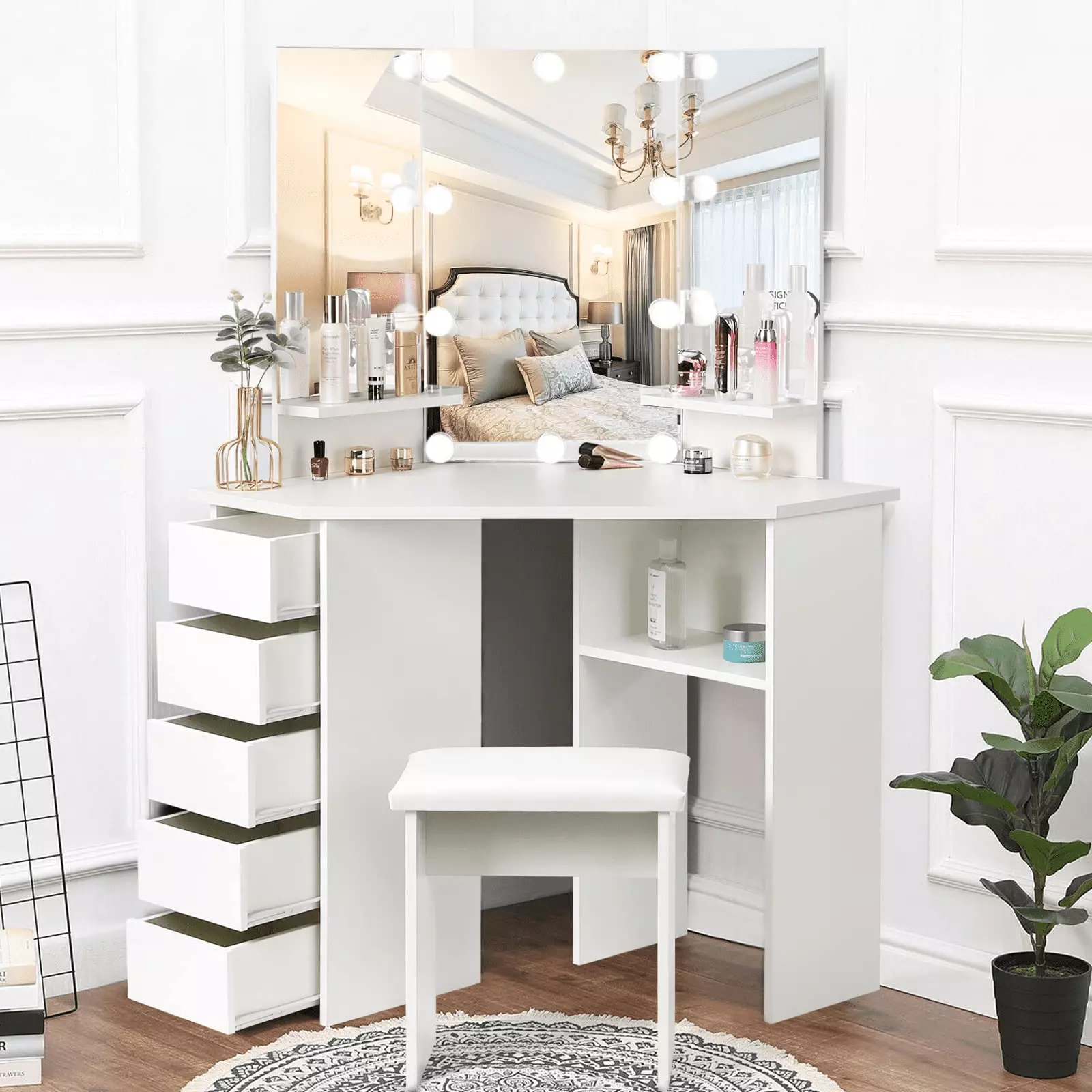 RichYa Modern Makeup Vanity Desk Lighted Mirror - Corner Dressing Table 5 Drawers & Stool - White