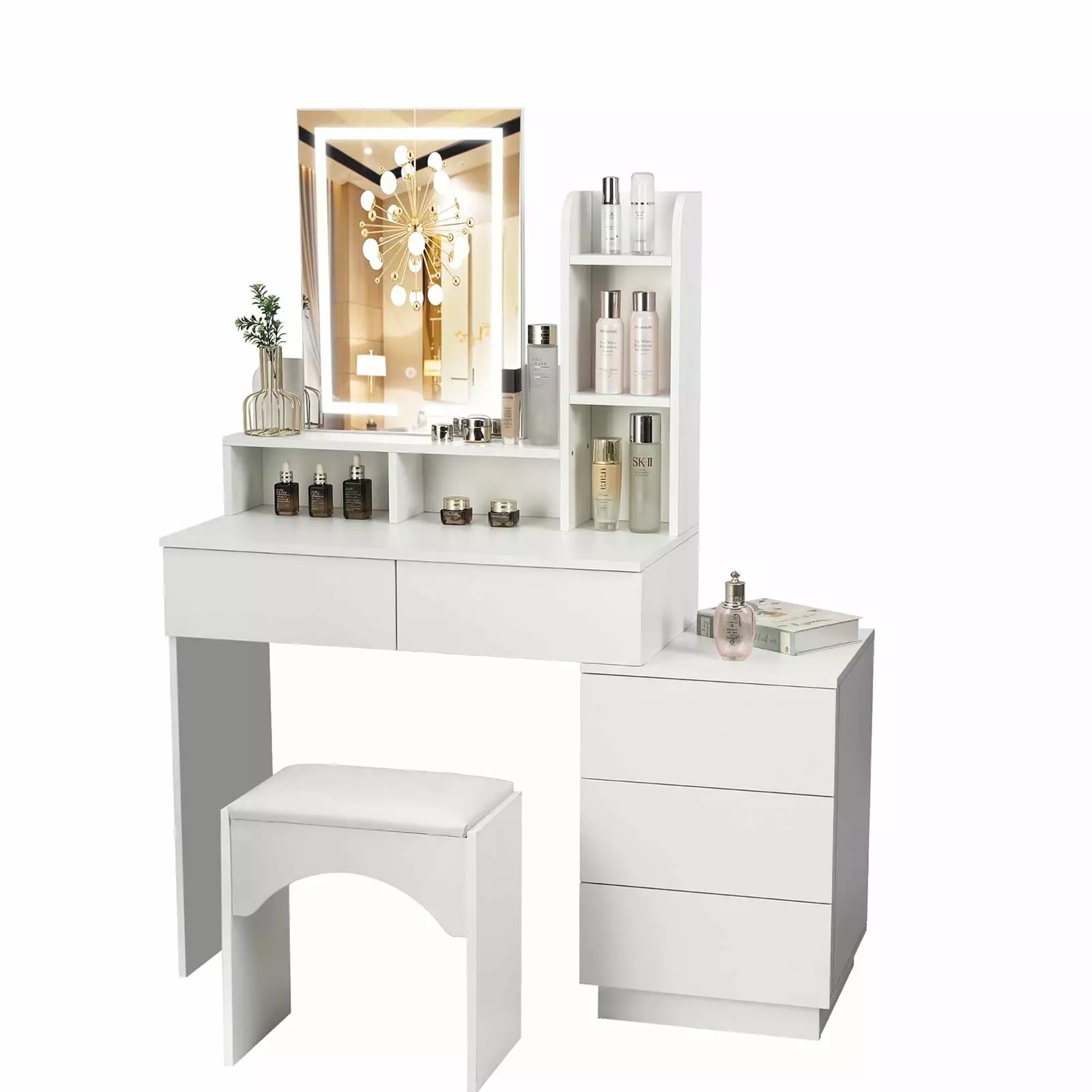 Richya Modern White Makeup Vanity Desk Set Light Mirror Dressing Table Drawer and Stool