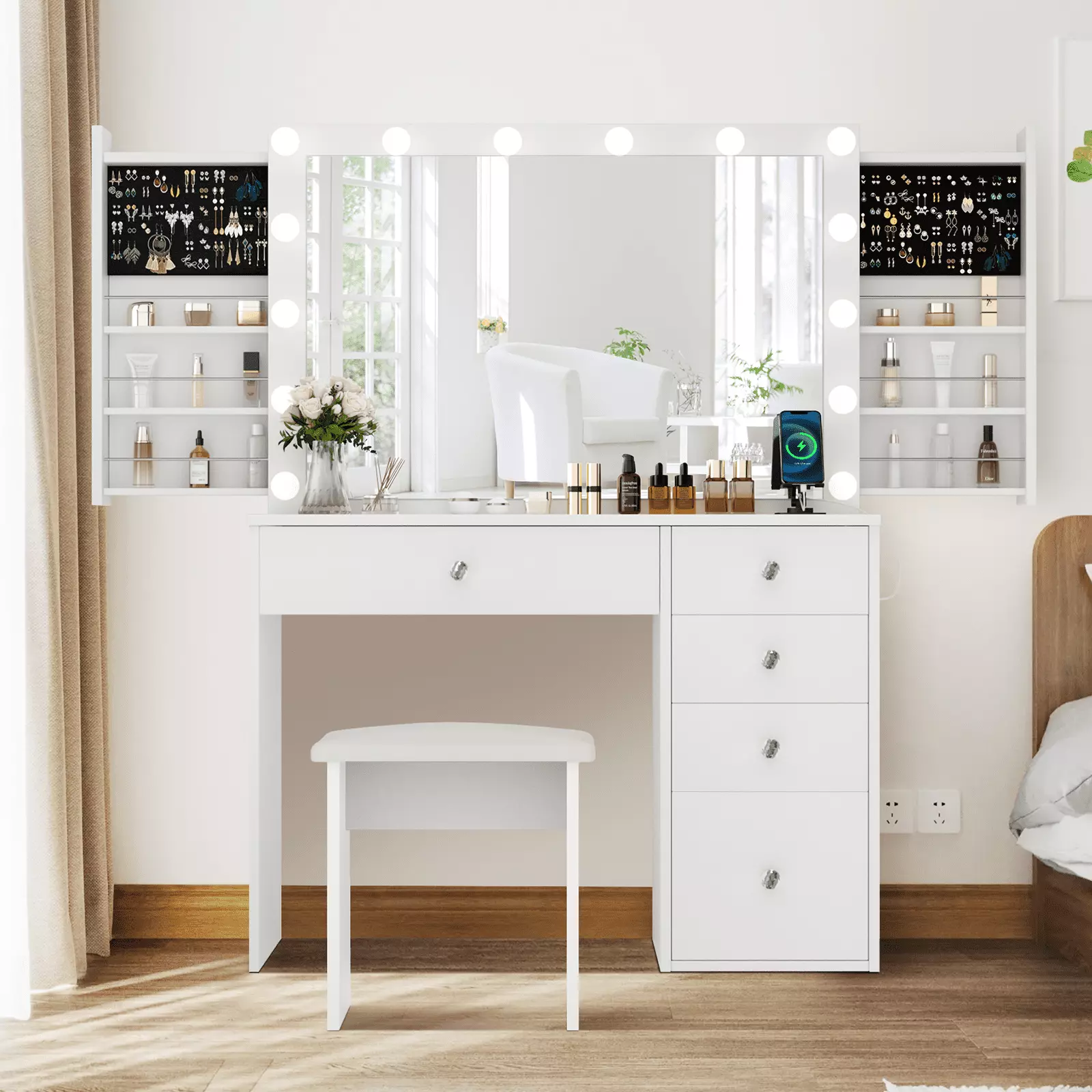 RichYa Modern White Makeup Vanity Desk Light Mirror Dressing Table Set Drawer and Stool Girls