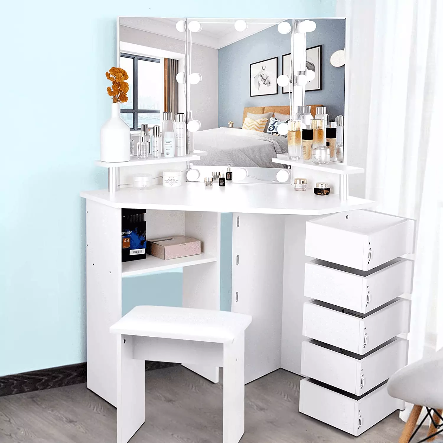 Richya Modern White Vanity Desk Set Mirror Lights and Drawers