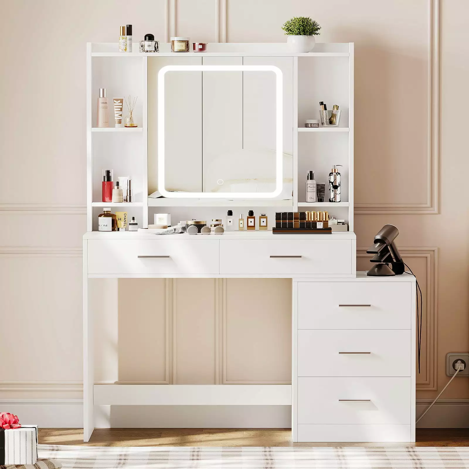 Rovaurx Vanity Table Mirror and Lights Makeup Vanity Desk 5 Side Shelves Bedroom Dressing Table White