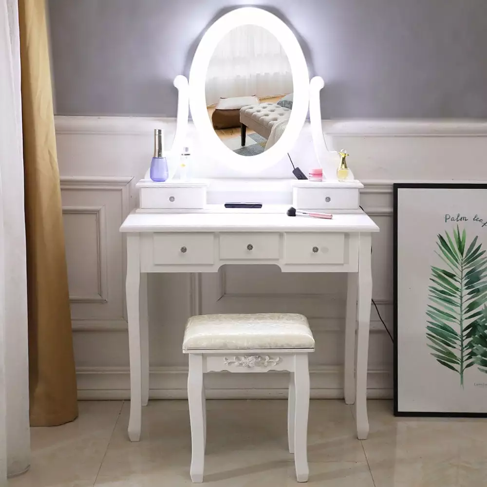 Topcobe Makeup Vanity Set Cushioned Stool Rotating Mirror and 3 Drawers White