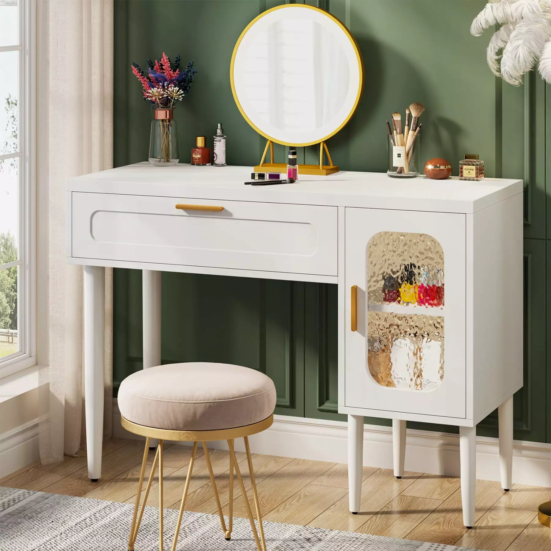 Tribesigns 43 Vanity Desk Large Drawers and 2-Tier Storage Cabinet - Wooden Modern Makeup Desk Bedroom - White Dressing Table