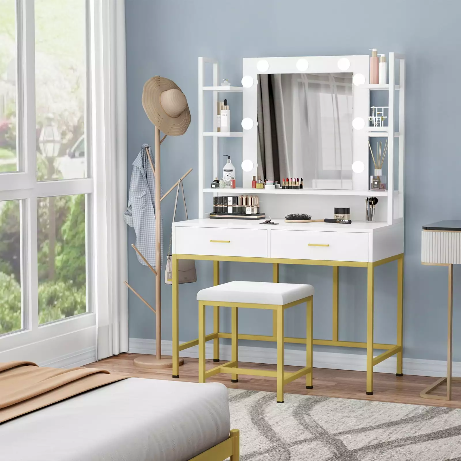 TZUTOGETHER Vanity Table Set Lighted Mirror and Stool - White Makeup Dressing Table Adjustable LED Lights and 2 Large Drawers