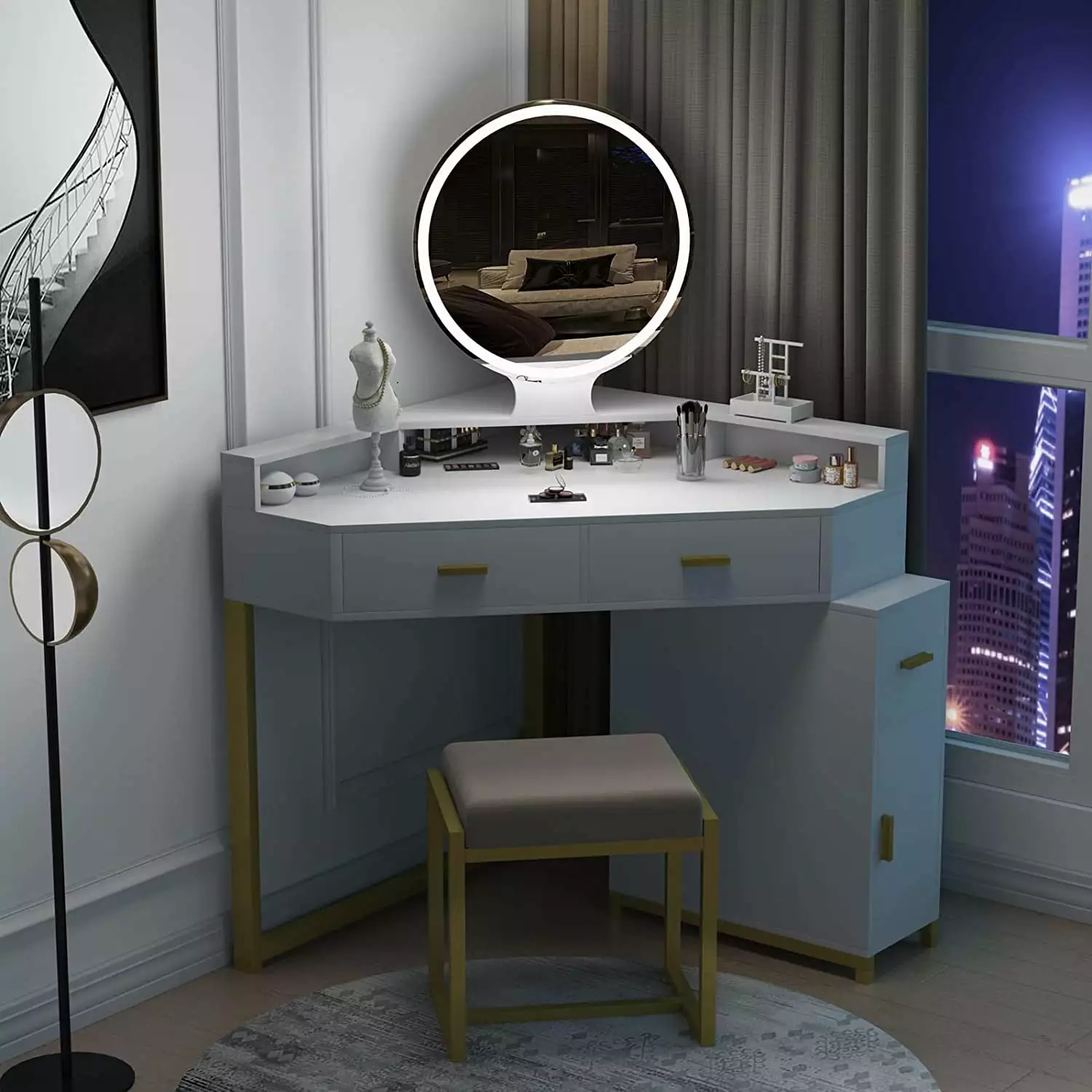 TZUTOGETHER White Corner Vanity Set Lighted Mirror Makeup Dressing Table and Stool