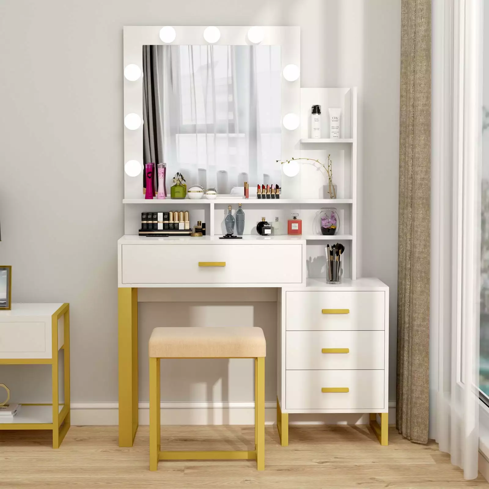 TZUTOGETHER White Vanity Set LED Lighted Mirror Drawers and Cushioned Stool Bedroom