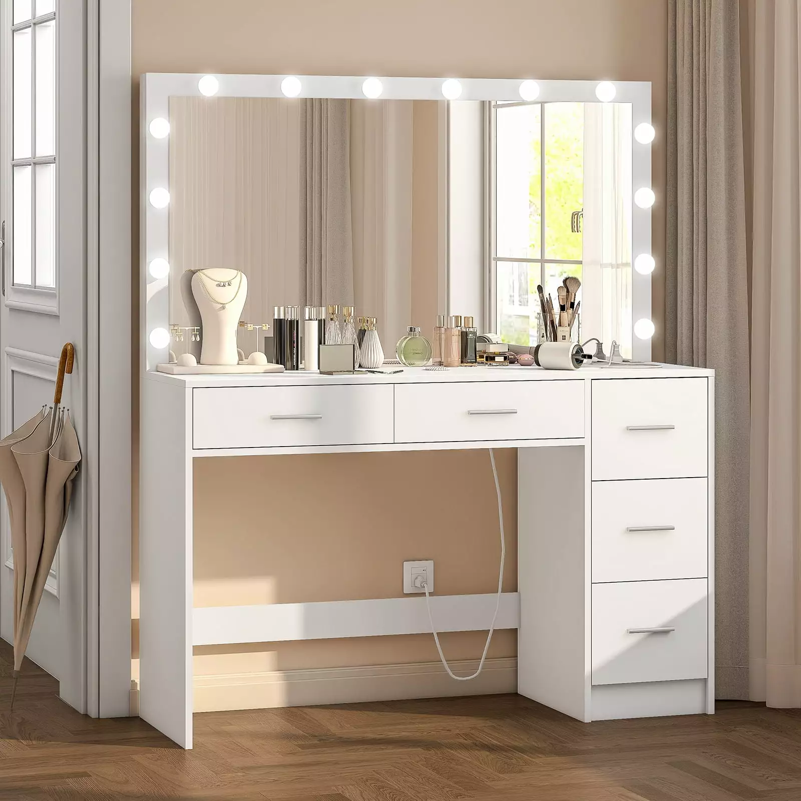 Usikey 47.2 Large Vanity Desk Large Lighted Mirror 14 Lights Makeup Vanity Table 5 Large Drawers and Charging Station