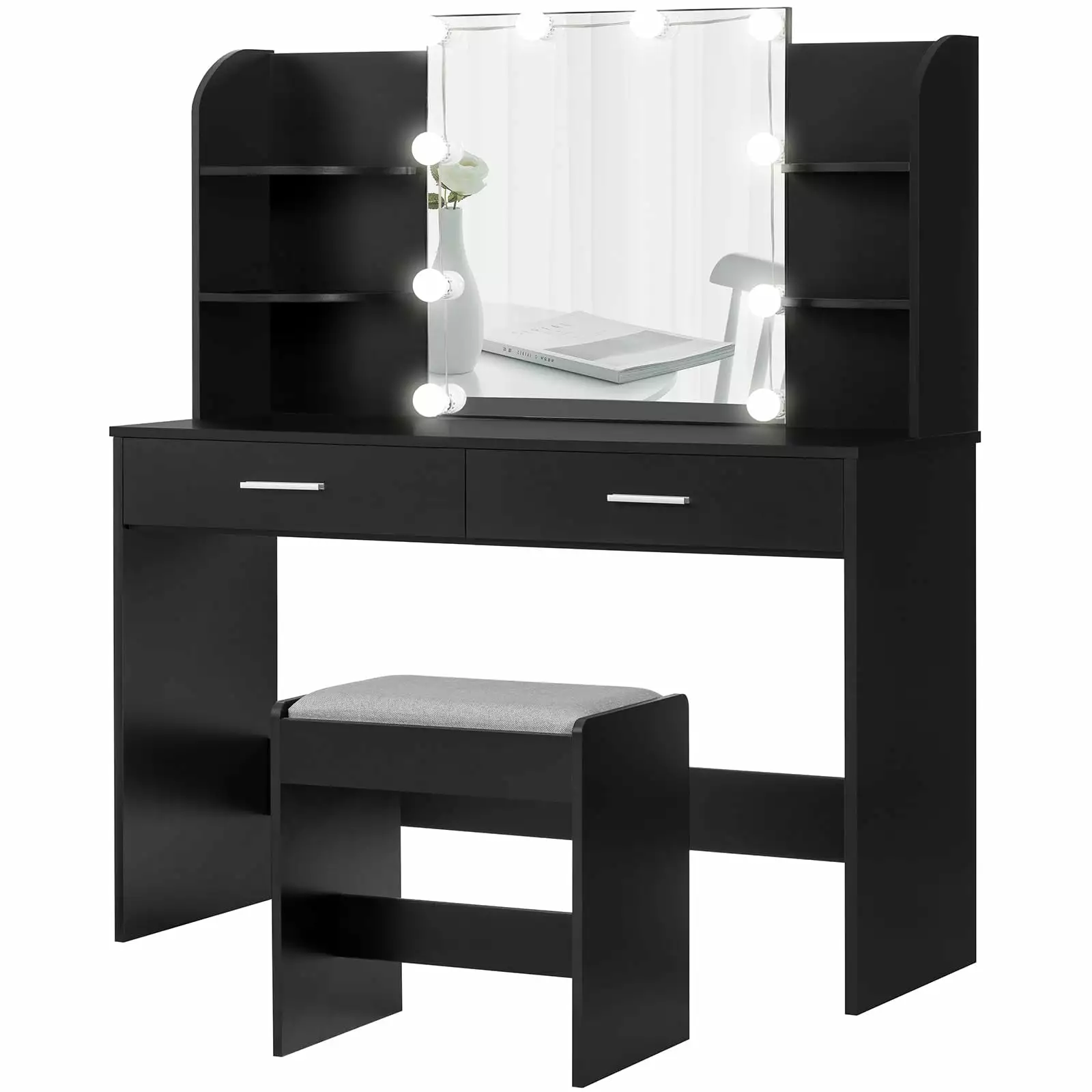 USIKEY Large Vanity Set 10 Light Bulbs and Cushioned Stool, Makeup Table 2 Drawers Bedroom Black