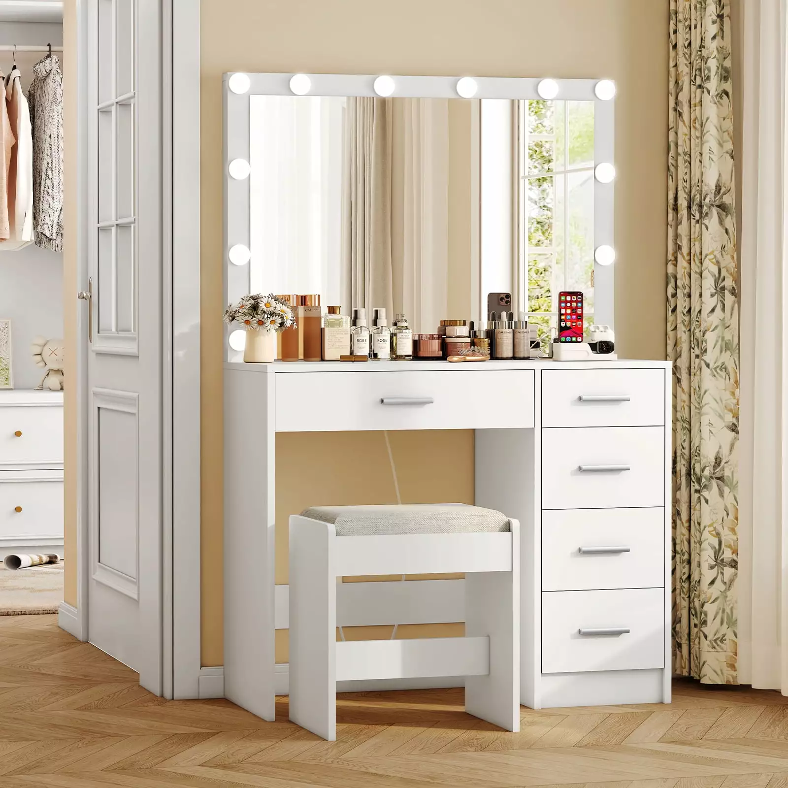 usikey Makeup Vanity Table Large Lighted Mirror and Charging Station, 12 Lights Vanity Desk 5 Drawers and Cushioned Stool
