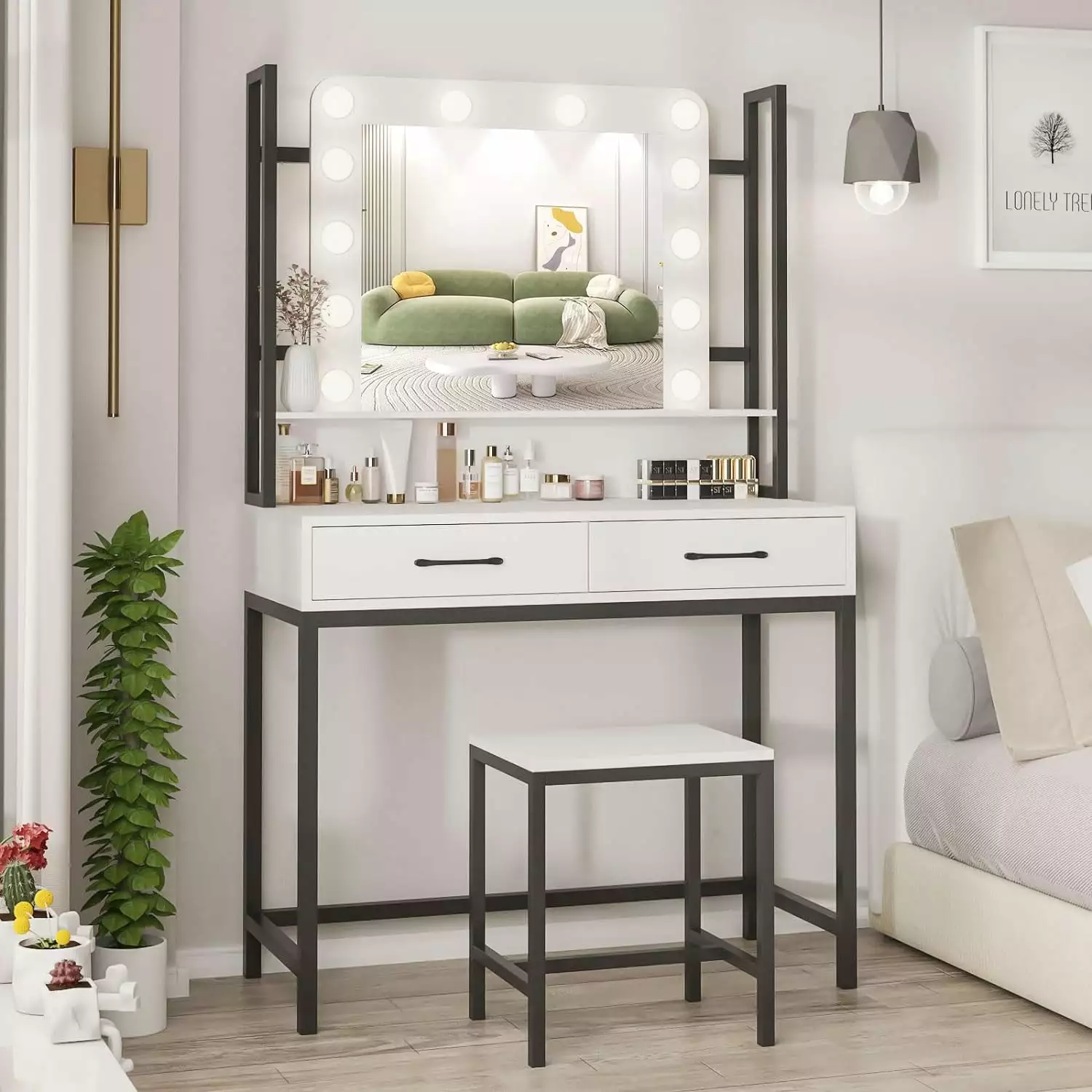 VEANERWOOD Modern Vanity Set Lighted Mirror Makeup Table 2 Drawers White