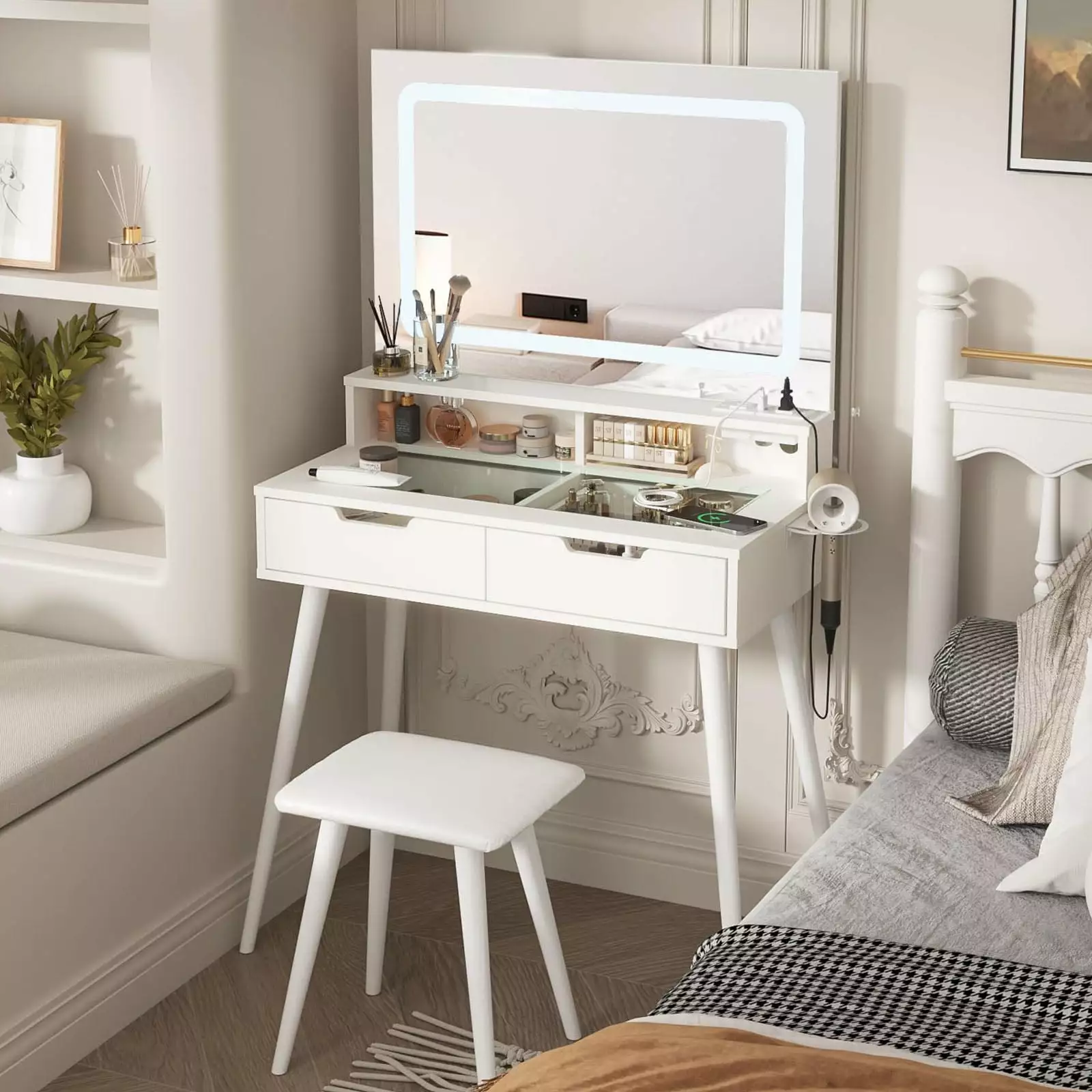 VEANERWOOD Vanity Desk Lighted Mirror Charging Station Drawers Glass Tabletop White
