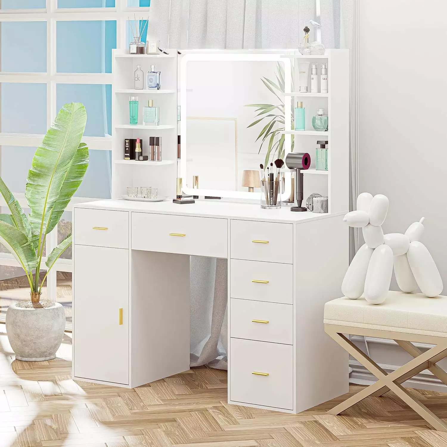 White Vanity Desk Mirror and Lights Vanity Table 6 Drawers and 8 Shelves Large Makeup Desk VoirStar