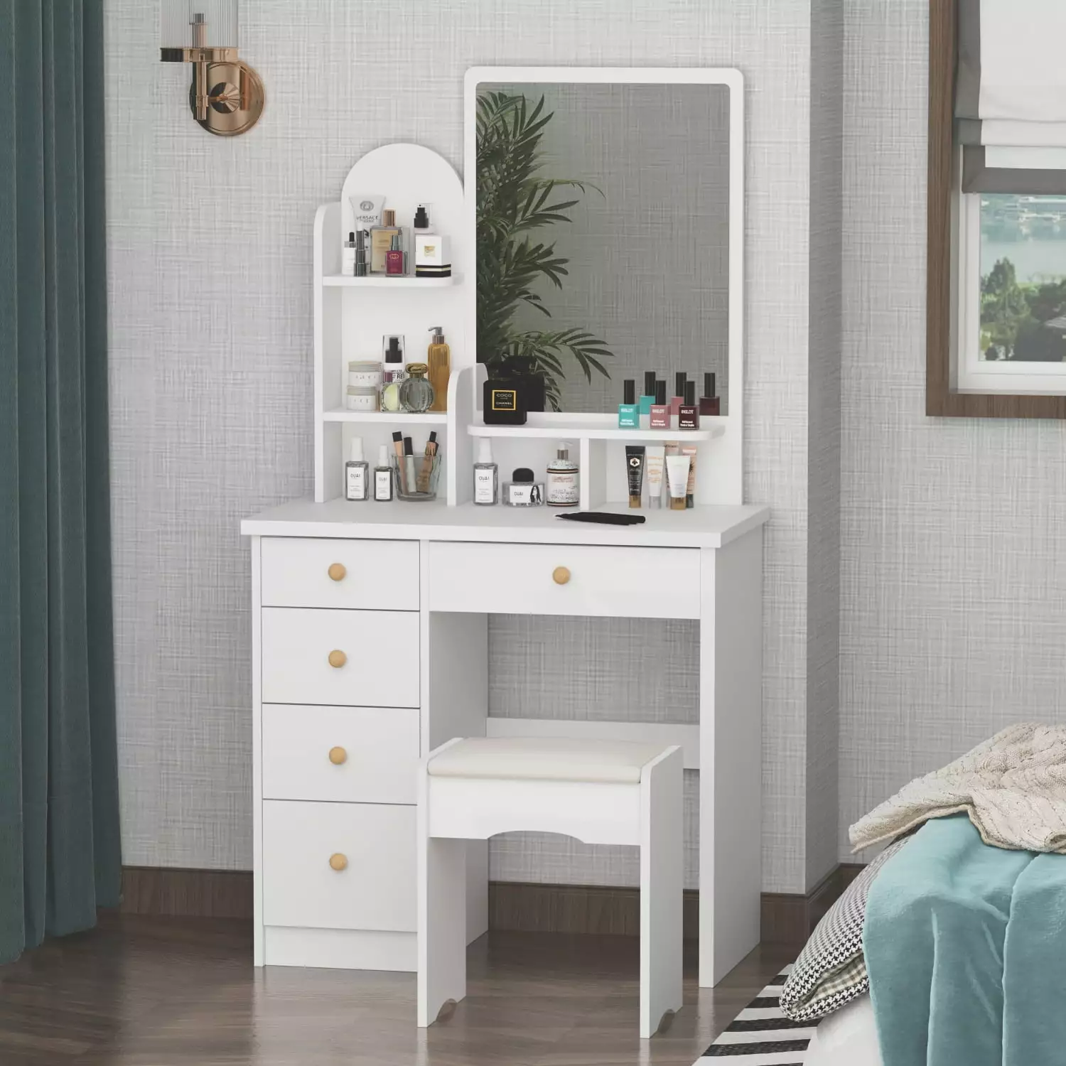 Modern White Vanity Set Mirror and 5 Drawers Makeup Dressing Table WIAWG