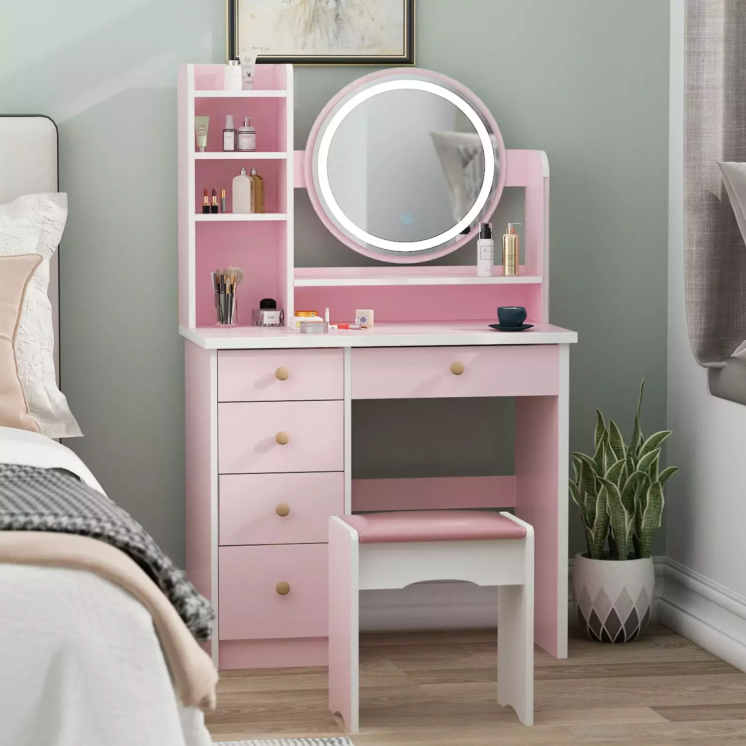 Vanity Set Mirror and Lights Modern Storage Makeup Dressing Table 5 Drawers Pink WIAWG