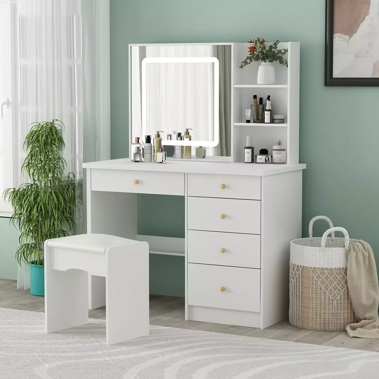 WIAWG 39.4 Inch Modern Vanity Set Mirror and Lights - White Makeup Dressing Table Drawers