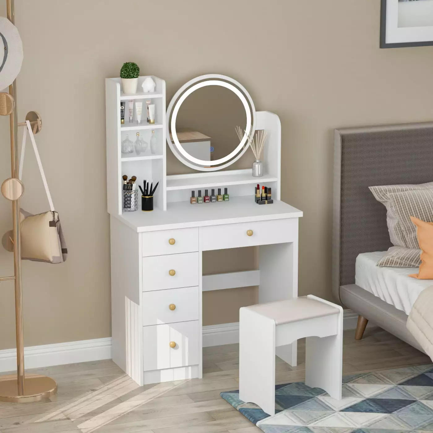 WIAWG Modern Vanity Set Lighted Mirror Make up Table Girls White