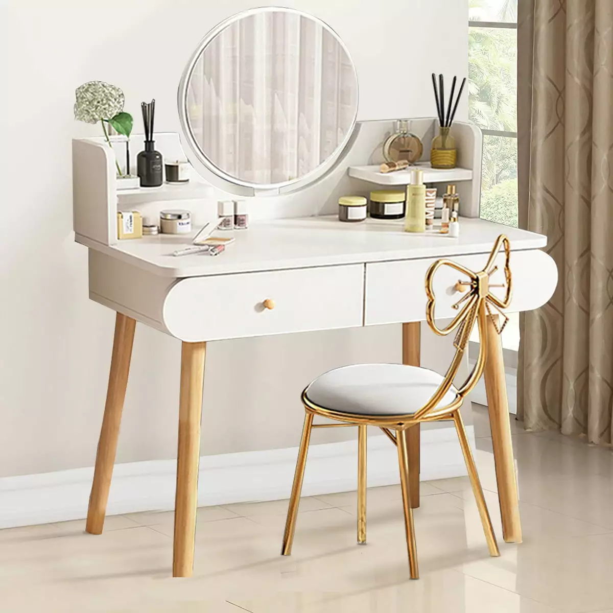 XUDREZ Modern White Vanity Desk Mirror Solid Wood Makeup Dressing Table Women Girls Without Stool