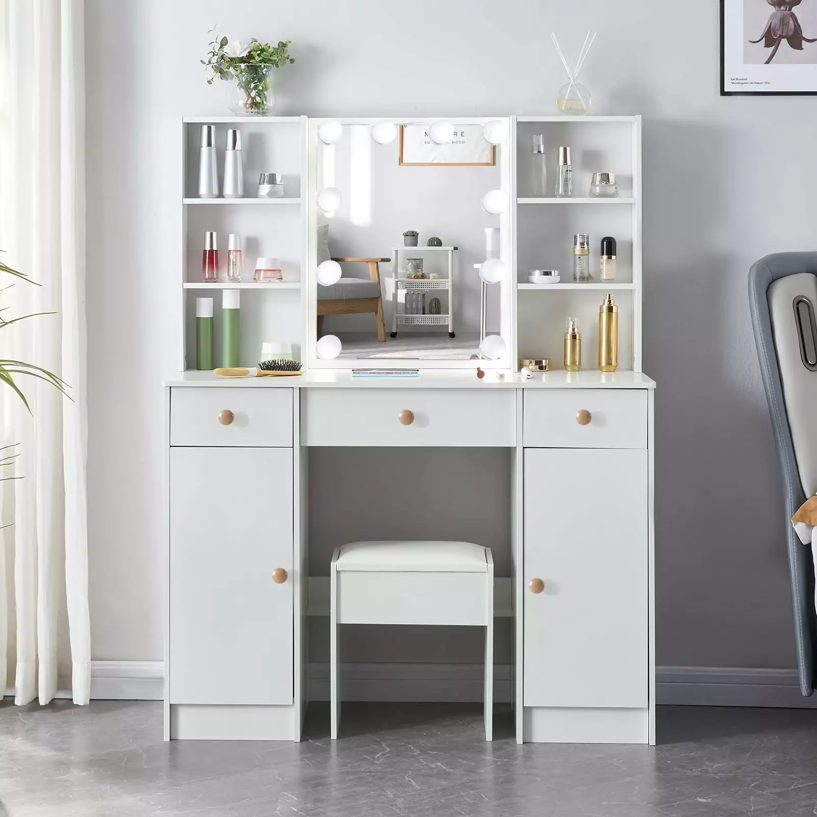 Yamissi Large Vanity Set Lighted Mirror - Modern Makeup Desk Shelves and Stool Girls Bedroom White