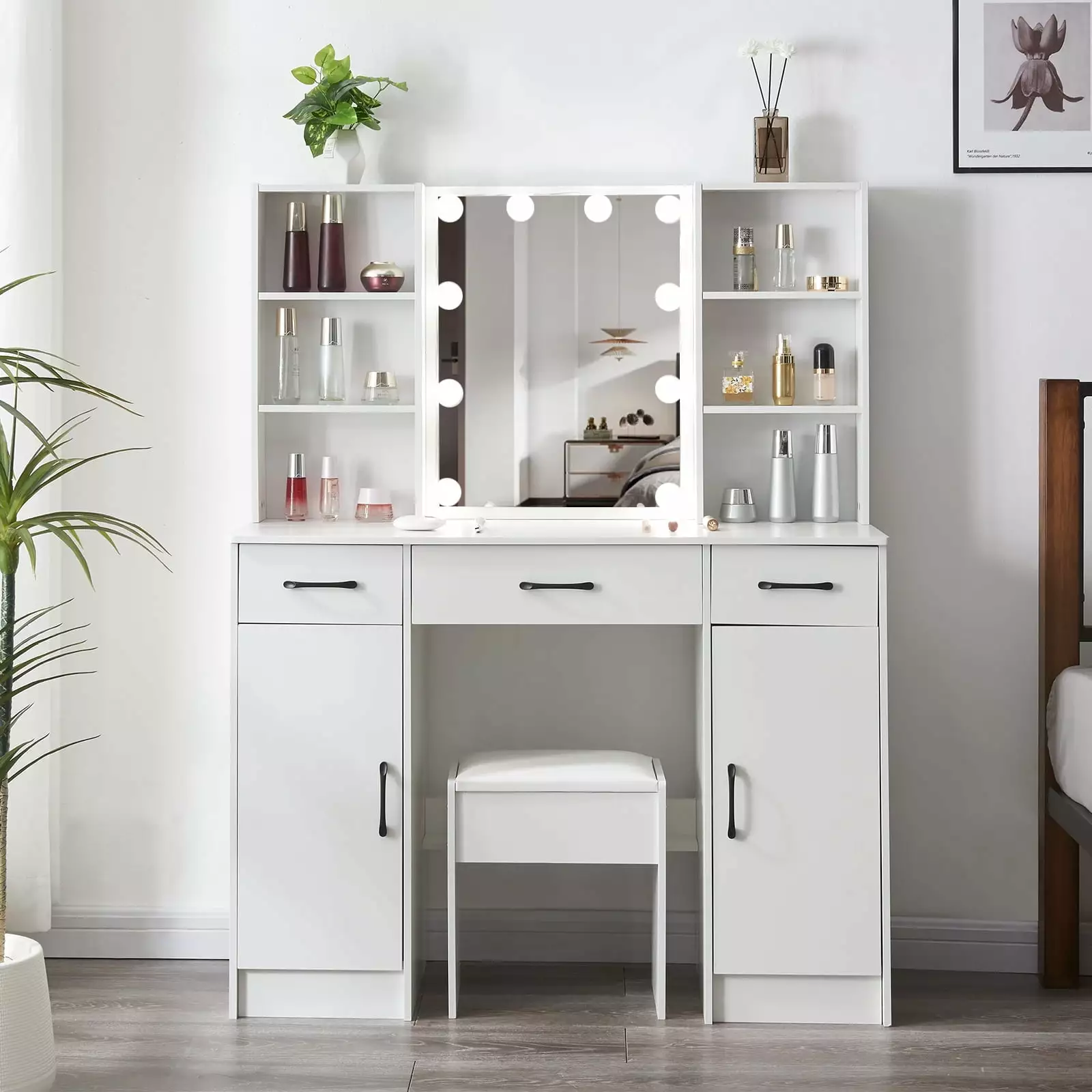 Yamissi Makeup Desk Vanity Mirror & Lights - Large Dressing Table Storage White