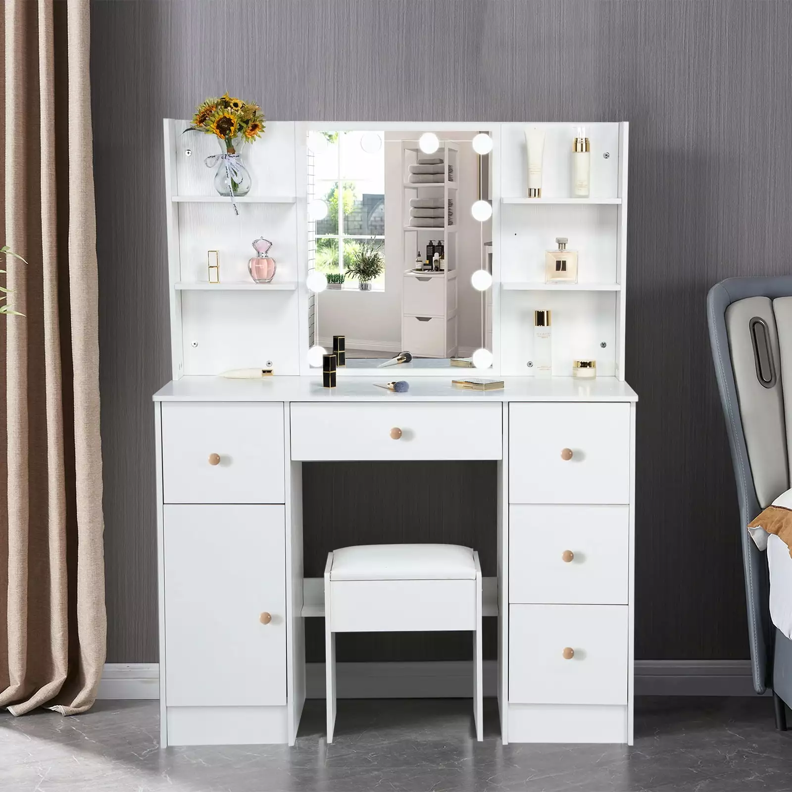 Yamissi Makeup Vanity Cushioned Stool Vanity Set Mirror and Lights White