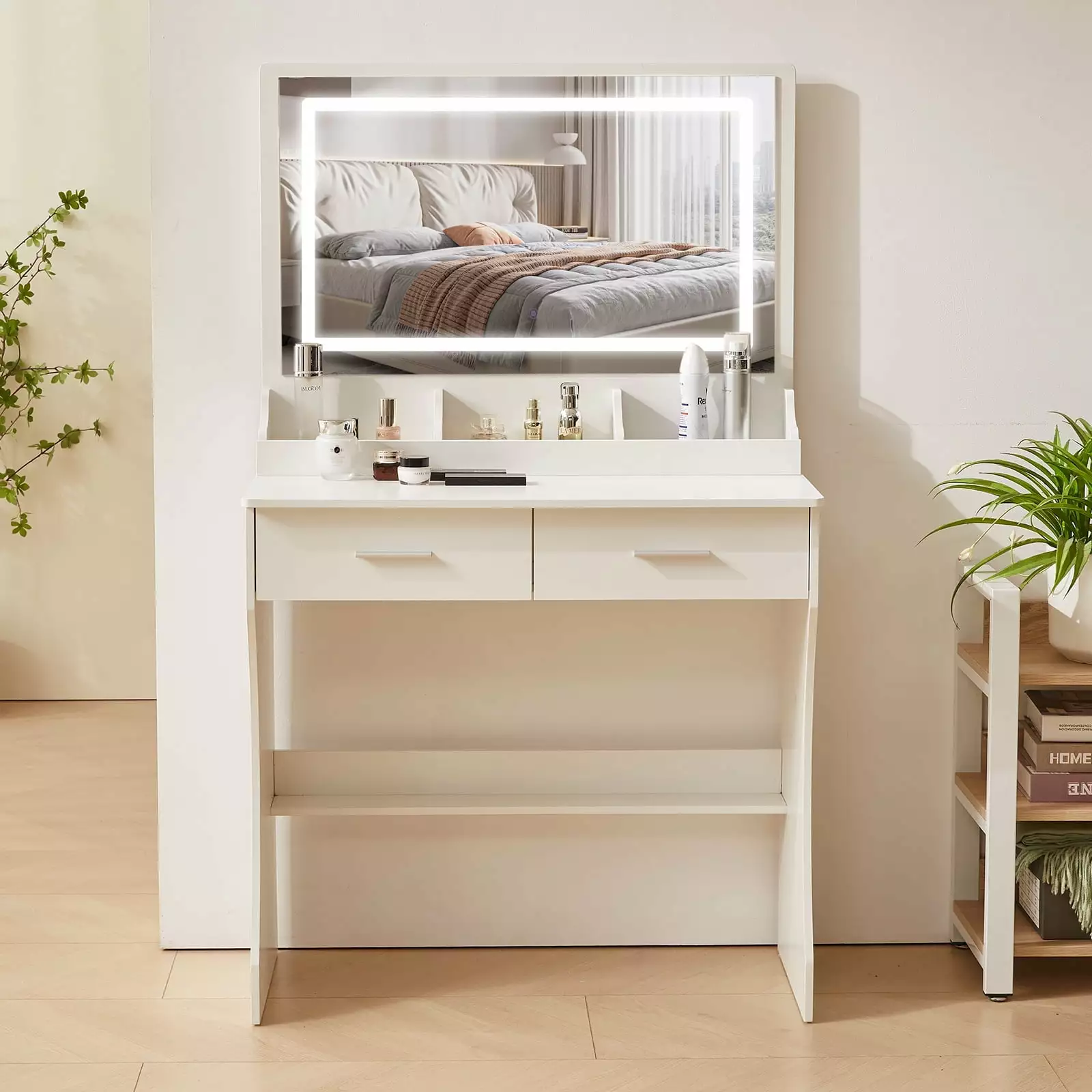 Yamissi Makeup Vanity Desk Lighted Mirror and 2 Drawers Table Top Arranger White