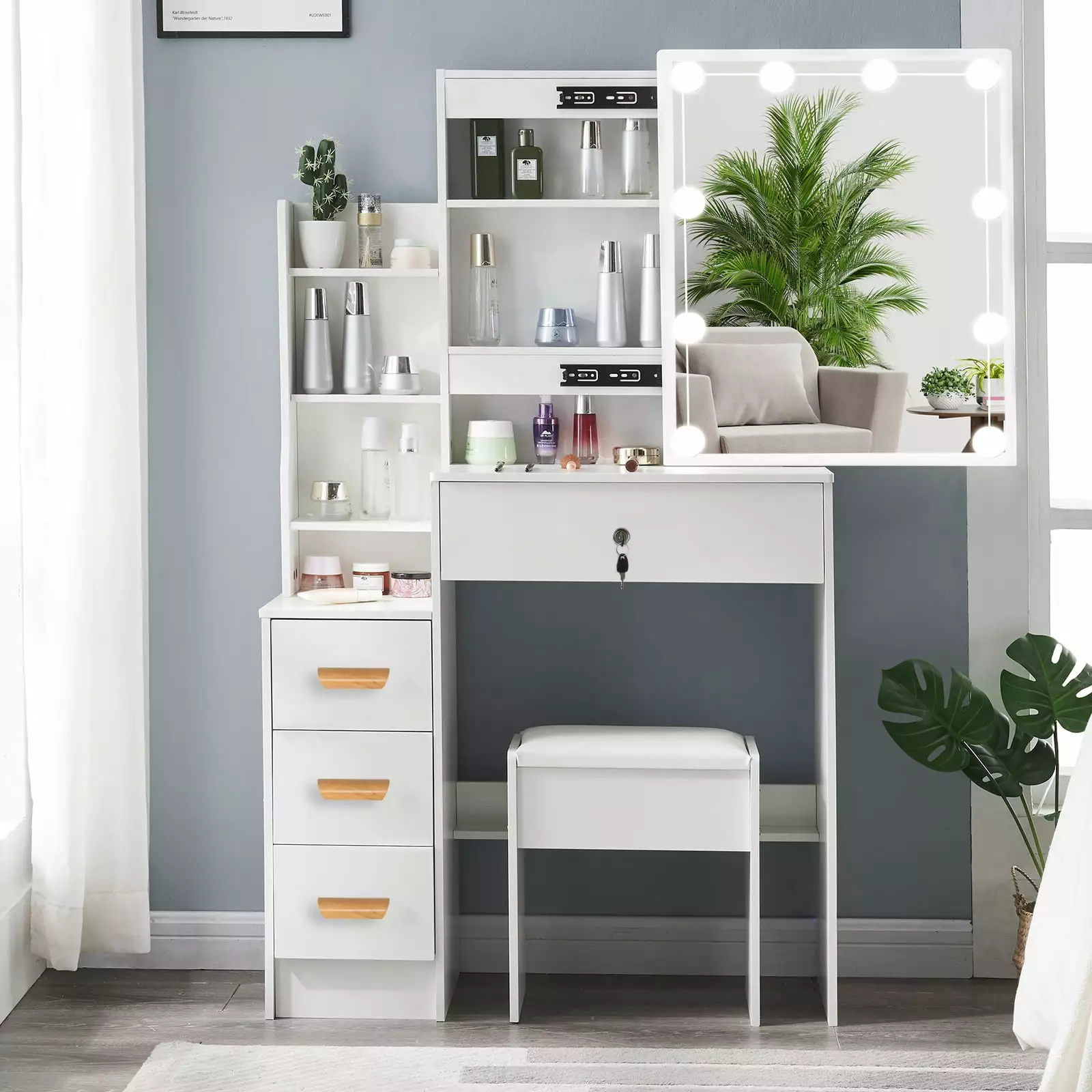 Yamissi Makeup Vanity Desk Lighted Mirror Dressing Table Drawers Shelves White Vanity Set Stool