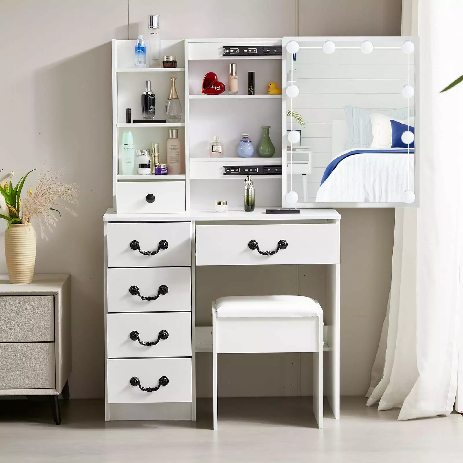 Yamissi Makeup Vanity Desk Lighted Sliding Mirror Modern Vanity Set Stool White