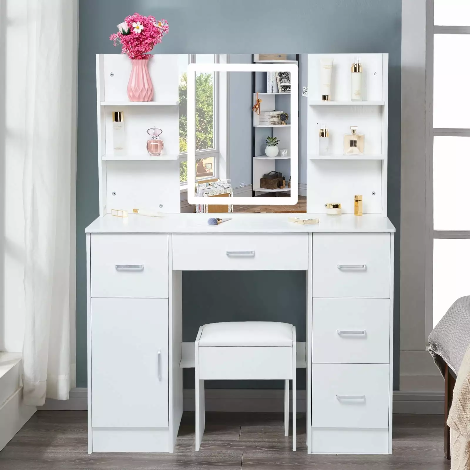 Yamissi Makeup Vanity Desk Mirror & LED Lights Vanity Set 5 Drawers Stool White