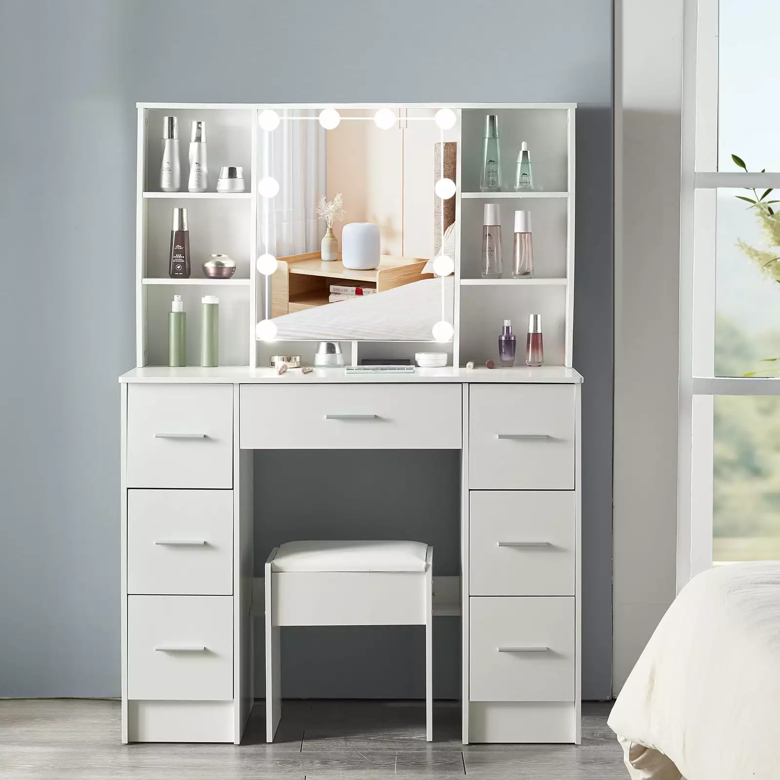 Yamissi Makeup Vanity Desk Mirror and 10 Lights Vanity Set 7 Drawers and Stool White Vanity Dressing Table Women and Girls