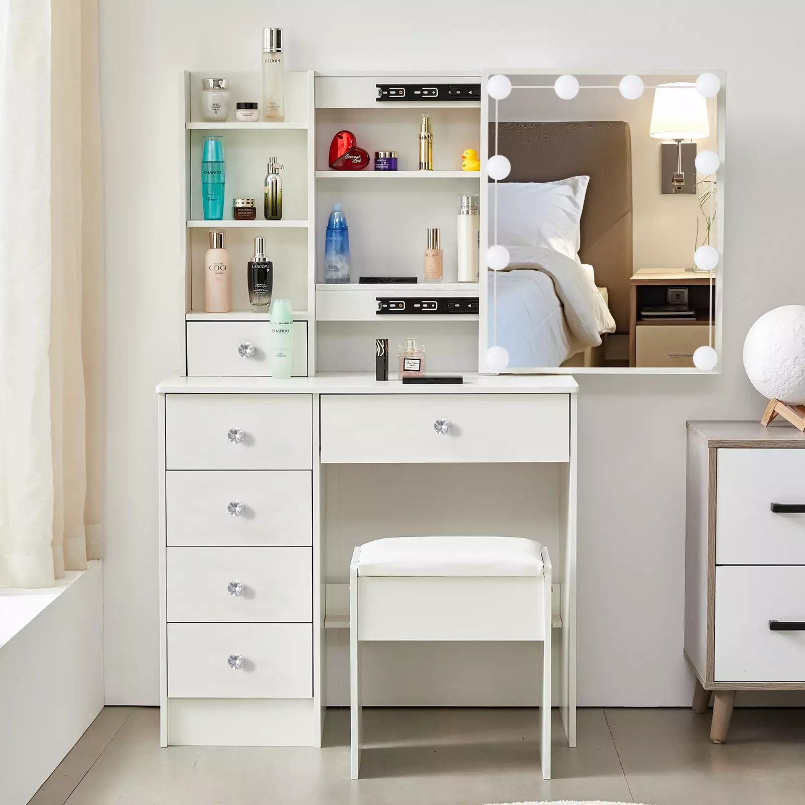 Yamissi Makeup Vanity 10 Light Bulbs - White Vanity Set Sliding Mirror, 6 Drawers Crystal Knob and Stool Girls