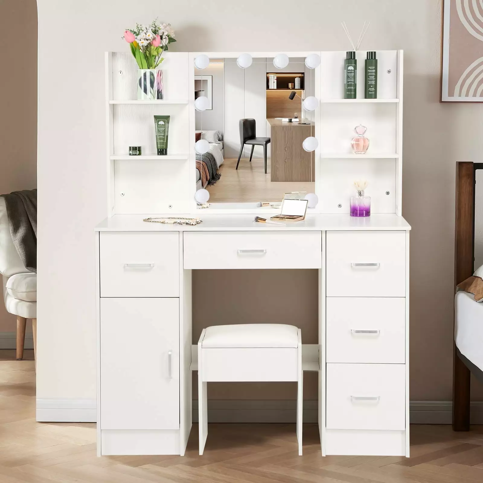 Yamissi Makeup Vanity Set Stool - Vanity Desk Mirror, Lights and 5 Drawers White