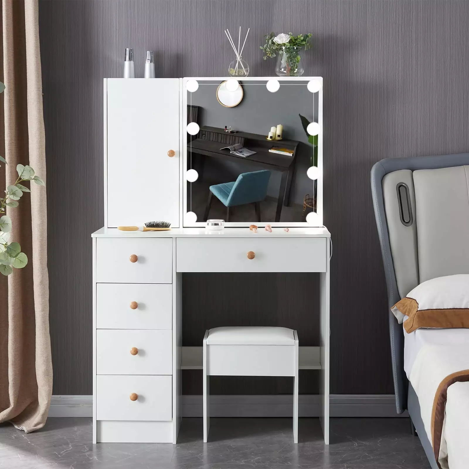 Yamissi Modern Makeup Vanity Lighted Mirror - White Bedroom Vanity Desk Drawers, Shelves and Stool Women and Girls
