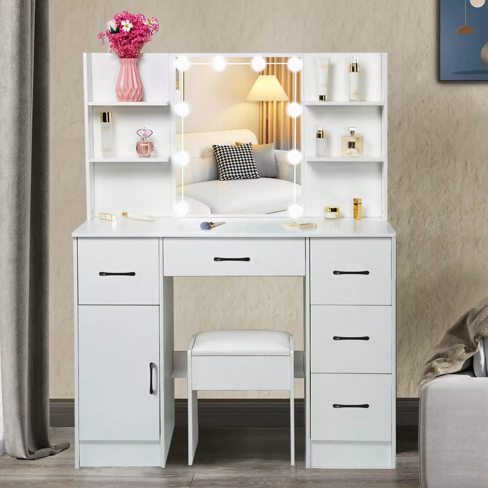 Yamissi Modern Makeup Vanity Set Stool - Vanity Desk Mirror, Lights, Shelves & Drawers White
