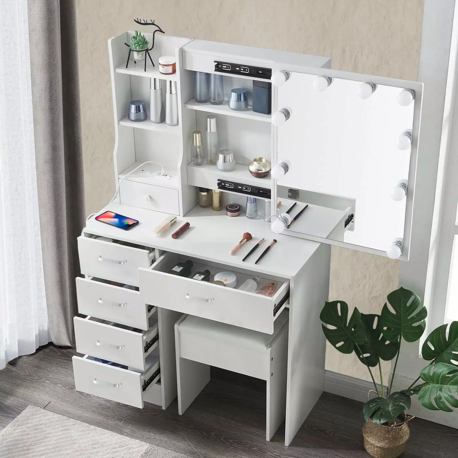 Yamissi Modern Vanity Desk Bedroom Makeup Vanity LED Lighted Sliding Mirror and Stool Vanity Table Storage Shelves and Dra...