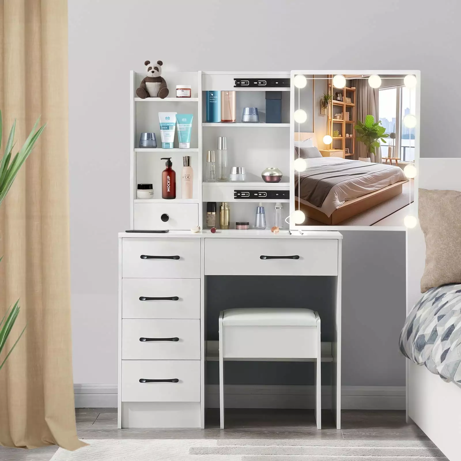 Yamissi Modern Vanity Set LED Lighted Mirror Stool Dressing Table Makeup Desk Girls White