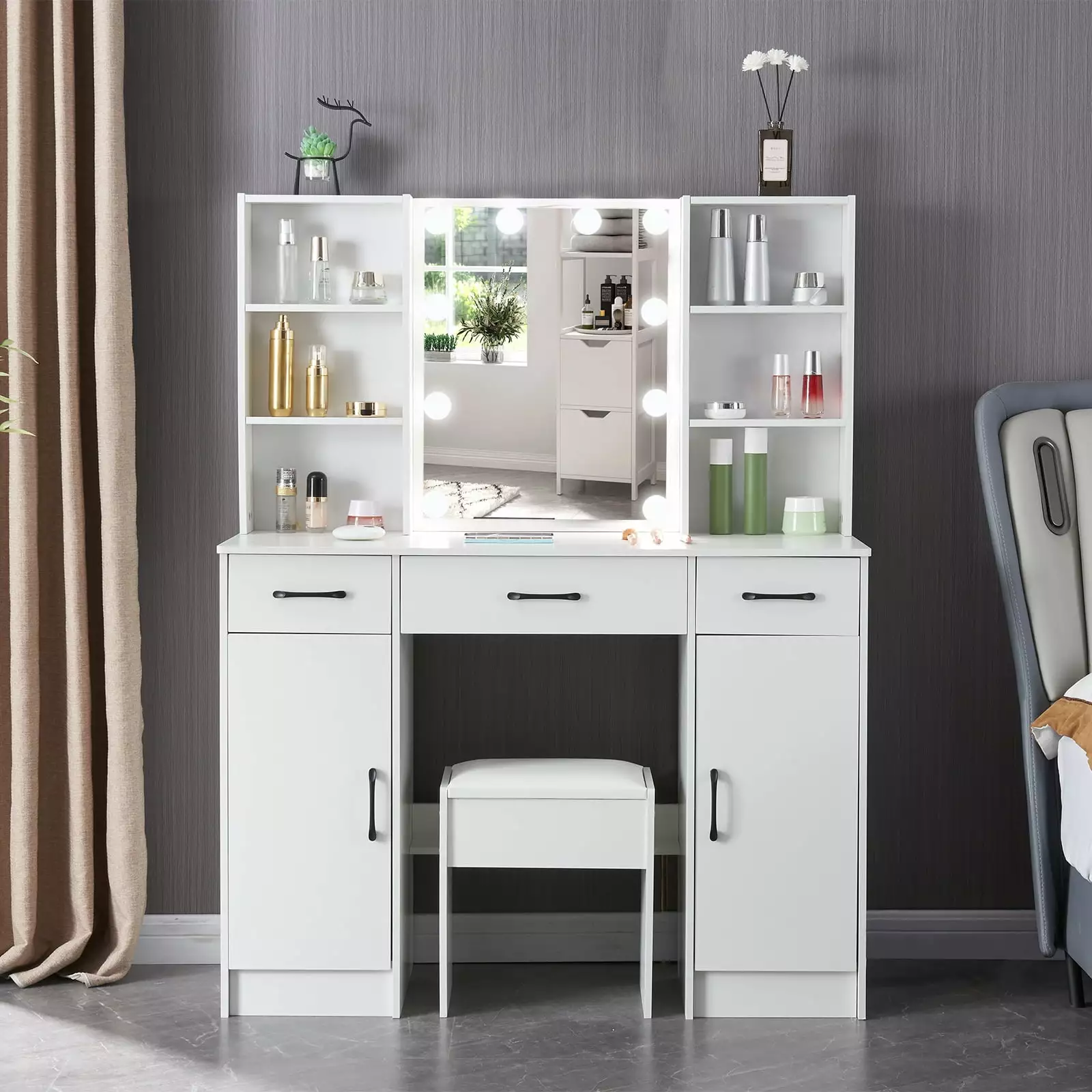 Yamissi Modern Vanity Set Mirror and Lights - Makeup Desk Stool & Drawers White
