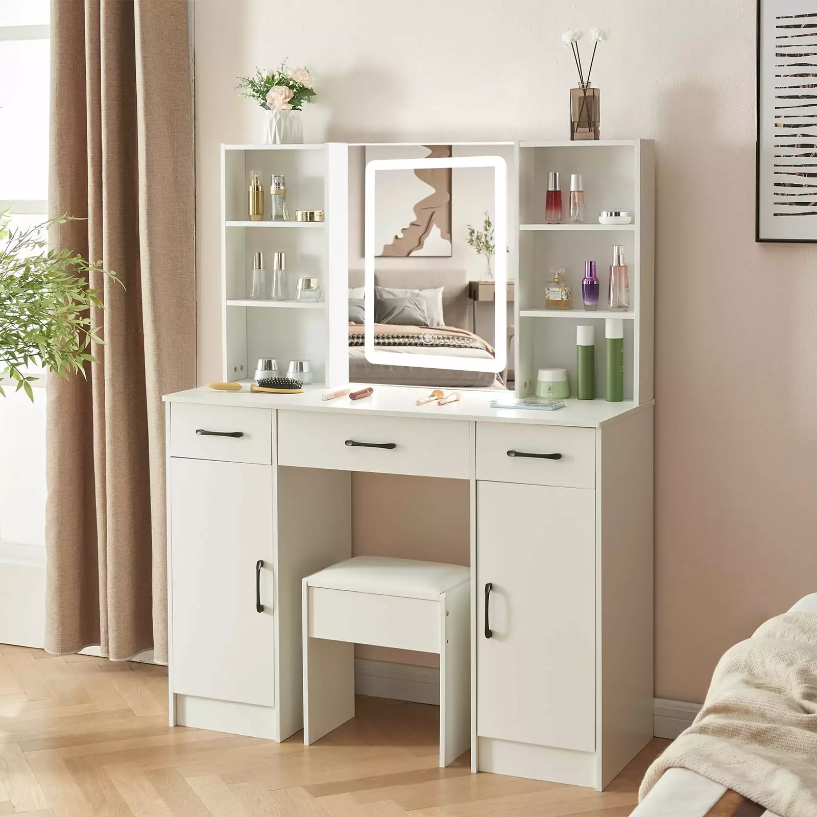 Yamissi White Vanity Set Lighted Mirror Makeup Table Drawers Cabinet and Stool Girls