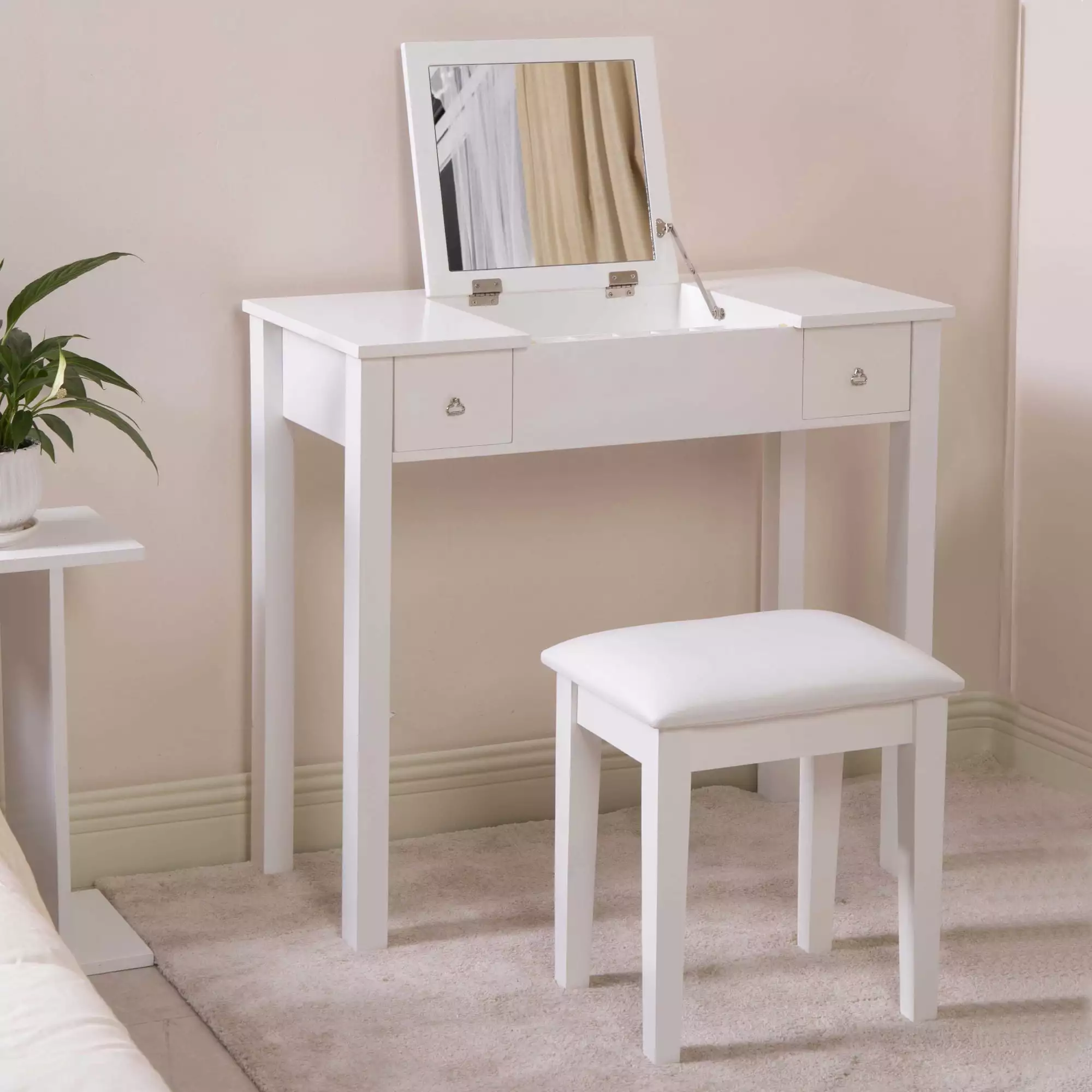 Arrangedlife Makeup Vanity Set Flip-Top Mirror and 2 Drawers Dressing Table Vanity Stool Writing Desk White Organizedlife