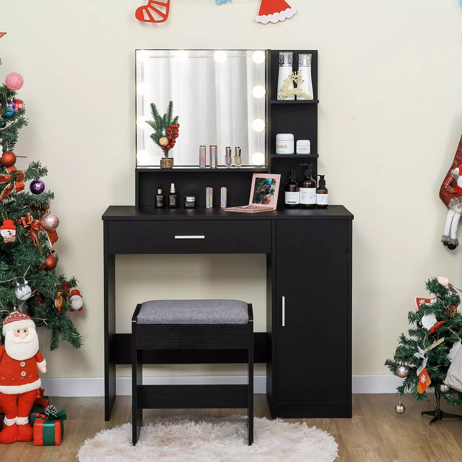 USIKEY Vanity Table Set 10 Light Bulbs Makeup Table 1 Large Drawer 1 Storage Cabinet Cushioned Stool Bedroom Black