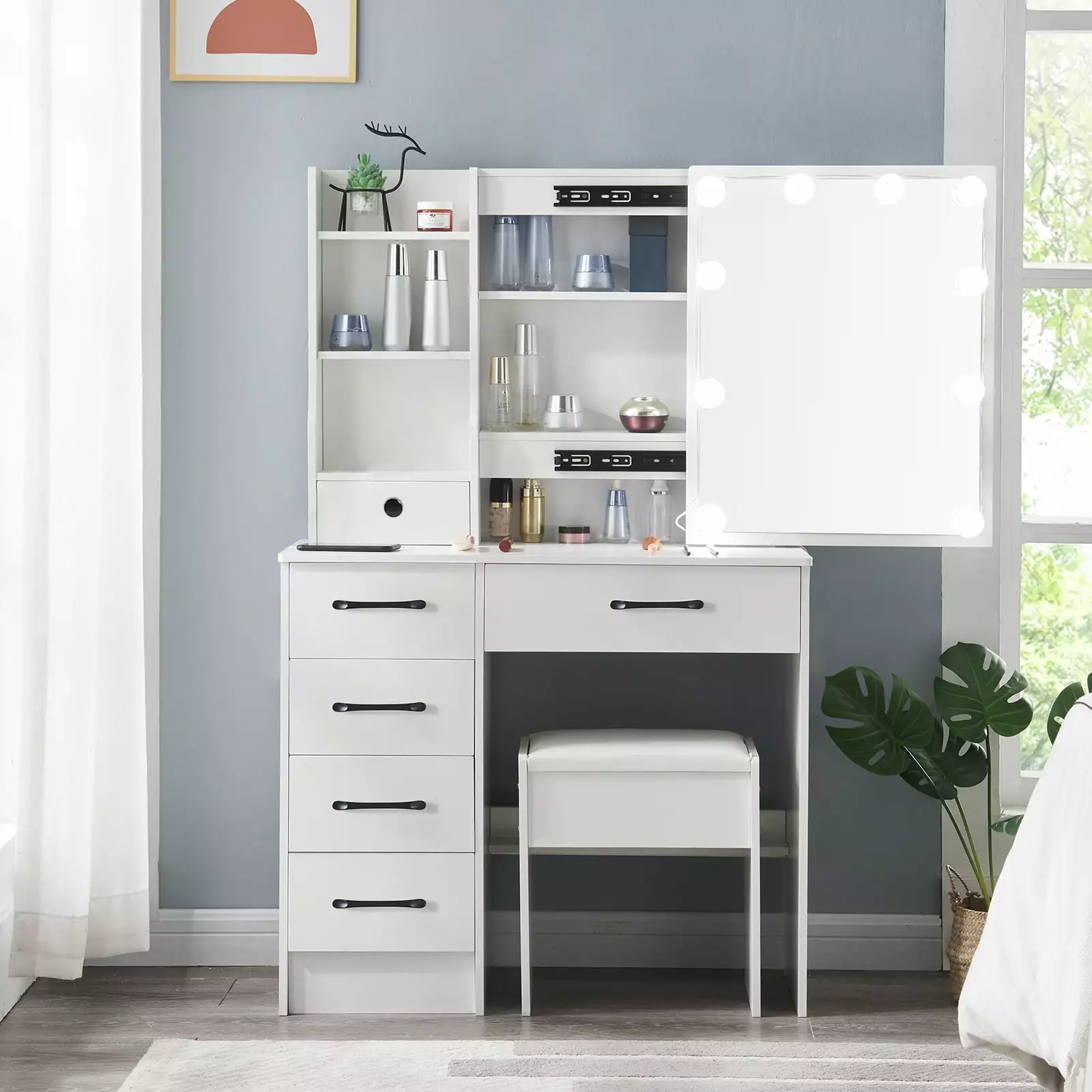 Caulitar Makeup Vanity Lighted Mirror Modern Vanity Table Set Sliding Lights 5 Drawers White
