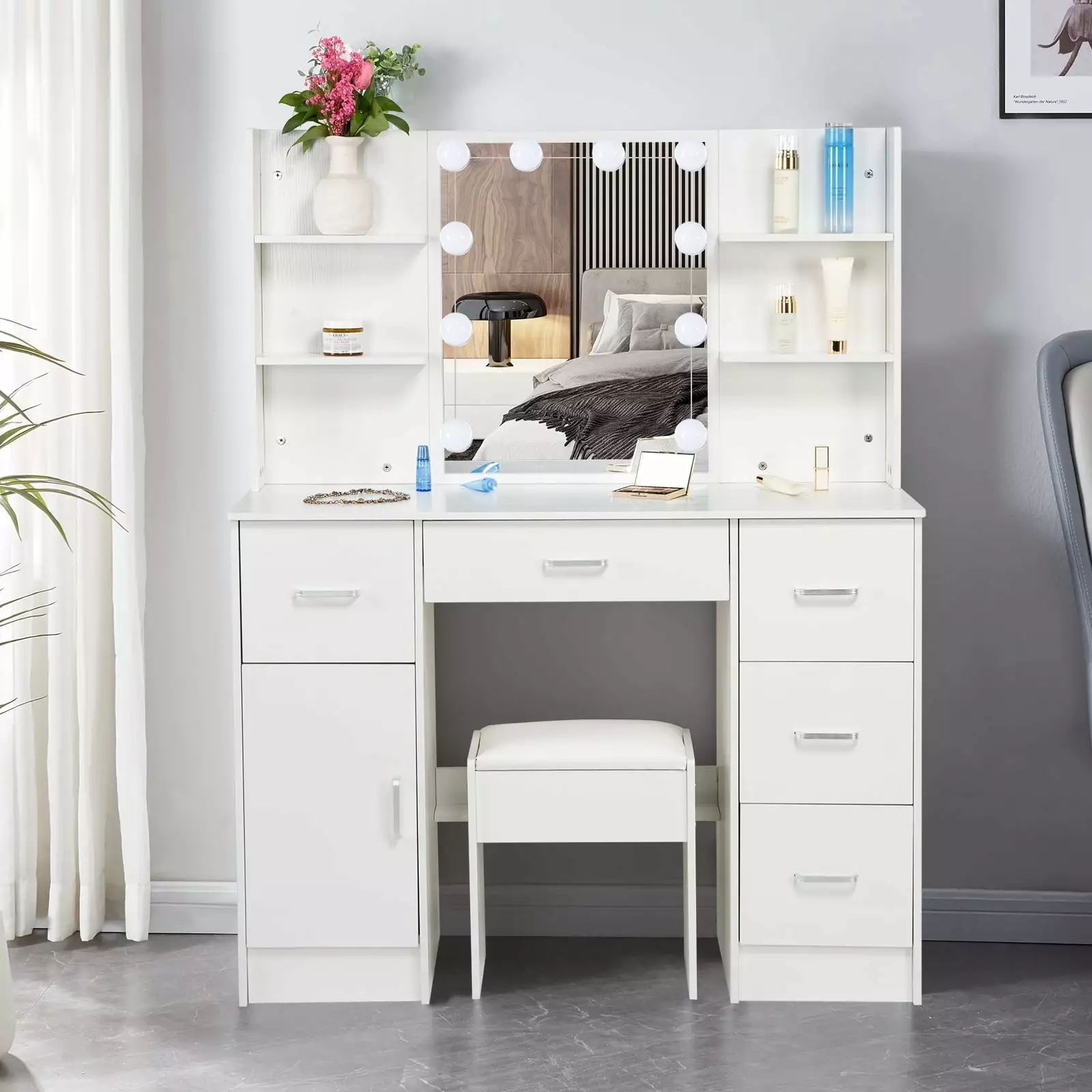 Jarbalai Makeup Vanity Desk Mirror and Lights Vanity Table Set Stool 6 Shelves 5 Drawers White