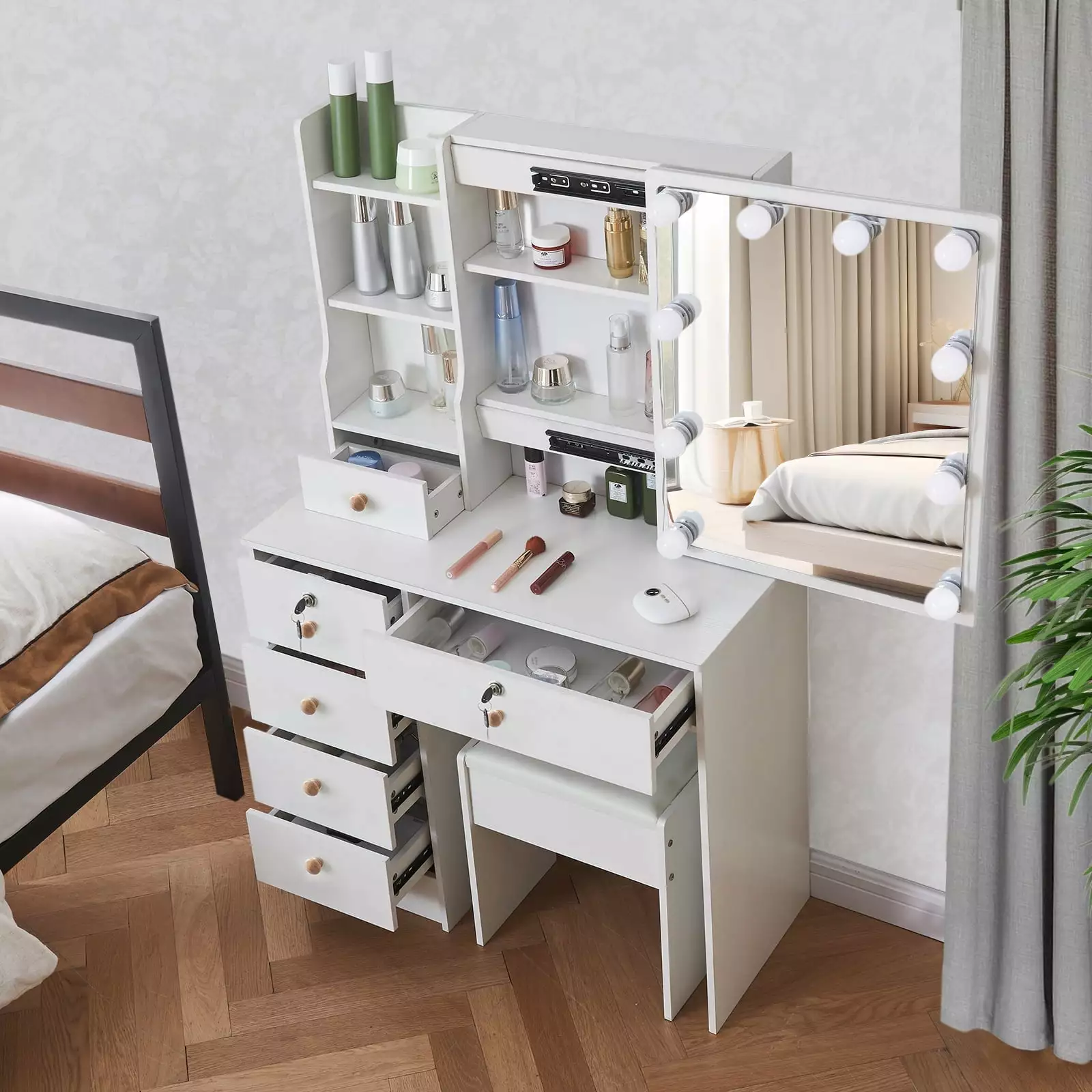 Jarbalai Makeup Vanity 10 LED Lights Small Vanity Desk Mirror 5 Drawers and Storage Shelves White